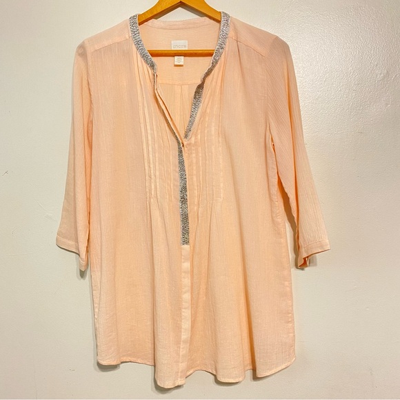 Chico’s Blush Pink Tunic Blouse Metallie Bead Collar 3/4 Sleeves size 0 or 4 - Picture 2 of 11